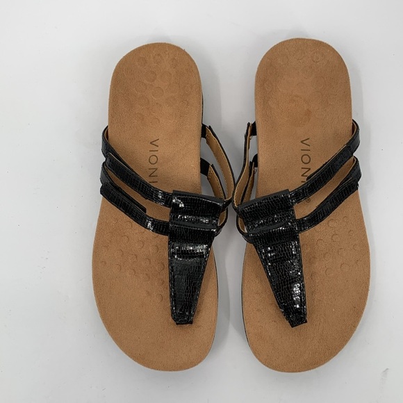 Vionic Elvia slide thong comfort sandal shoe flip flop  strap black patent 8 - Picture 4 of 7